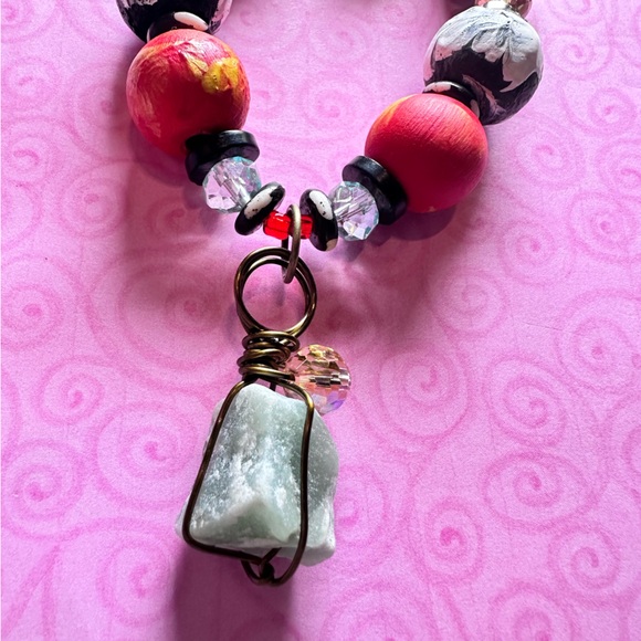 Artisan Charm Bracelet Aventurine and Hand Painted Wood Beads, Glass 0815 P - Picture 1 of 13